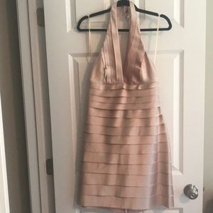 BCBG Max Azria Champaign satin tiered halter dress